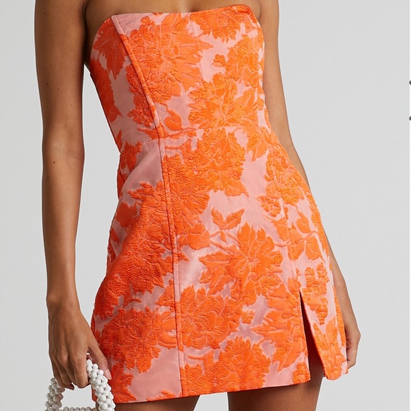 Showpo. Dresses & Skirts - BRAILEY MINI DRESS - STRAPLESS DRESS IN ORANGE JACQUARD